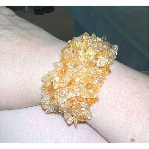 Natural Yellow Quartz Chips Wide Stretch Bracelet - Picture 1 of 11